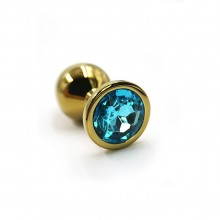 Анальная пробка из алюминия с ярким голубым стразом, цвет золотой, Kanikule KL-AL005MG, из материала металл, коллекция Anal Jewelry Plug, длина 7 см., со скидкой
