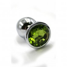 Анальная пробка «Small» из алюминия с зеленым кристаллом, цвет серебристый, Kanikule KL-AL009S, из материала металл, коллекция Anal Jewelry Plug, длина 6 см.