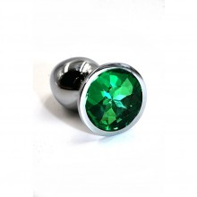 Анальная пробка «Small» из алюминия с насыщенным зеленым кристаллом, цвет серебристый, Kanikule KL-AL010S, длина 6 см., со скидкой