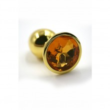 Анальная пробка из алюминия с оранжевым стразом, цвет золотой, Kanikule KL-AL011MG, из материала металл, коллекция Anal Jewelry Plug, длина 7 см., со скидкой