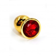 Анальная пробка из алюминия с красным кристаллом, цвет золотой, Kanikule KL-AL012LG, из материала металл, коллекция Anal Jewelry Plug, длина 8.4 см., со скидкой