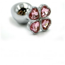 Анальная пробка из алюминия с розовым кристаллом в виде клевера, цвет серебристый, Kanikule KL-AL030S, из материала металл, коллекция Anal Jewelry Plug, длина 6 см.