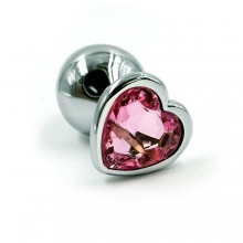 Анальная пробка из алюминия с розовым кристаллом в форме сердца, цвет серебристый, Kanikule KL-AL041M, из материала металл, коллекция Anal Jewelry Plug, длина 7 см.