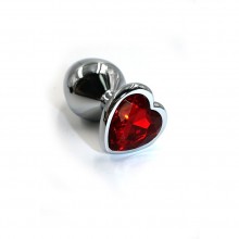 Анальная пробка из алюминия с красным кристаллом в форме сердца, цвет серебристый, Kanikule KL-AL042M, коллекция Anal Jewelry Plug, длина 7 см.