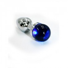Анальная пробка из алюминия со сферическим синим стразом, цвет серебристый, Kanikule KL-AL053S, из материала металл, коллекция Anal Jewelry Plug, длина 6 см.