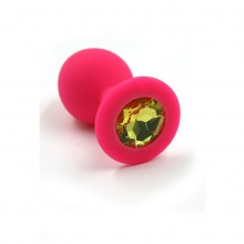 Анальная пробка из силикона с желтым стразом, цвет розовый, Kanikule KL-S0011M, коллекция Anal Jewelry Plug, длина 7 см., со скидкой