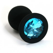 Анальная пробка из силикона с голубым стразом, Kanikule KL-S005M, коллекция Anal Jewelry Plug, цвет черный, длина 7 см., со скидкой