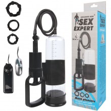 Мужская вакуумная помпа с вибрацией и набор эрекционных колец от компании Sex Expert, цвет прозрачный, sem-55124, из материала пластик АБС, длина 18 см., со скидкой