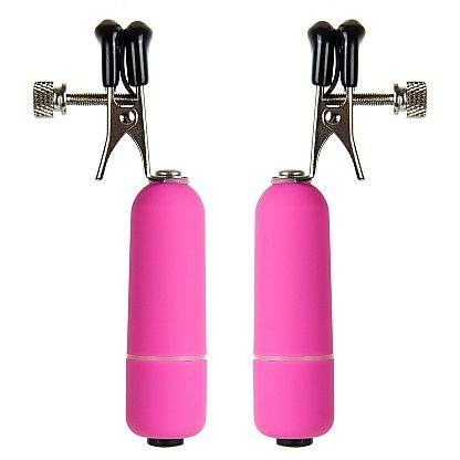 Регулируемые зажимы для груди с вибрацией «Vibrating Nipple Clamps» из коллекции Ouch от ShotsMedia, цвет розовый, OU039PNK, бренд Shots Media, из материала металл, длина 9 см., со скидкой