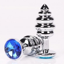 Фигурная анальная пробка с синим стразом в основании от компании 4sexdream, цвет серебристый, 47146-3MM, коллекция Anal Jewelry Plug, длина 9 см., со скидкой