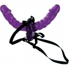 Фаллос поясной двойной фиолетовый «Double Delight Strap-On» + маска, PD3386-00, бренд PipeDream, из материала ПВХ, длина 15 см.