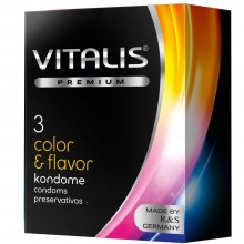 Цветные ароматизированные презервативы Vitalis Premium «Color & Flavor», упаковка 3 шт., бренд R&S Consumer Goods GmbH, длина 18 см., со скидкой