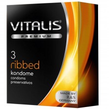 Ребристые презервативы Vitalis Premium «Ribbed» из натурального латекса, упаковка 3 шт., цвет прозрачный, длина 18 см., со скидкой