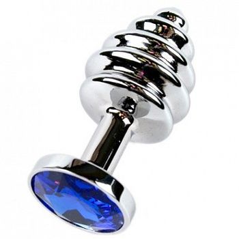 Фигурная анальная пробка с синим кристаллом от компании Luxurious Tail, цвет серебристый, 47146, коллекция Anal Jewelry Plug, длина 7.5 см., со скидкой