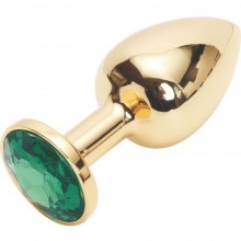 Металлическая анальная пробка с зеленым кристаллом от компании Vandersex, цвет золотой, 169-GG, коллекция Anal Jewelry Plug, длина 7 см.