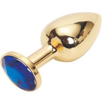 Металлическая анальная пробка с темно-синим кристаллом от компании Vandersex, цвет золотой, 169-GDBL, коллекция Anal Jewelry Plug, длина 7 см.