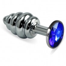 Металлическая ребристая втулка с синим стразом от компании Vandersex, цвет серебристый, 180-MBL, коллекция Anal Jewelry Plug, длина 8.5 см.