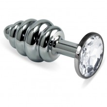 Металлическая ребристая пробка с прозрачным кристаллом размера M - 8,5 см., бренд Vandersex, коллекция Anal Jewelry Plug, длина 8.5 см.