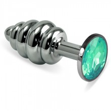 Металличская ребристая пробка с светло-зеленым кристаллом от компании Vandersex, цвет серебристый, 180-LYG, коллекция Anal Jewelry Plug, длина 9.5 см.