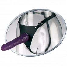 Фиолетовый женский страпон «Leather Strap On Satisfy-Her», длина 19 см, PD3350-13, бренд PipeDream, из материала ПВХ, длина 20.3 см., со скидкой