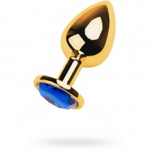 Анальная втулка с синим стразом из коллекции ToyFa Metal, цвет золотой, 717006-6, длина 9.5 см., со скидкой