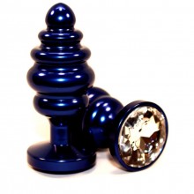 Ребристая анальная втулка с прозрачным стразом от компании 4sexdream, цвет синий, 47428-4MM, из материала металл, коллекция Anal Jewelry Plug, длина 7.3 см., со скидкой