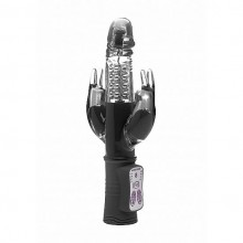 Вагинальный вибратор Hi-Tech «Laci Purple» с клиторальным и анальным кроликами из коллекции Simplicity by Shots, цвет черный, SH-SIM015BLK, бренд Shots Media, длина 23 см., со скидкой