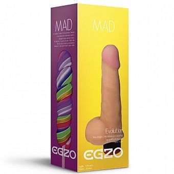 Вагинальный вибратор реалистик «Mad Lollipop» с мошонкой от компании Egzo, цвет телесный v004, бренд EGZO , из материала CyberSkin, длина 17.6 см., со скидкой