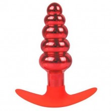 Ребристая анальная втулка из металла на силиконовом основании для ношения от компании Iron Love, цвет красный, il-28014-red, длина 10.8 см., со скидкой