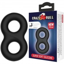 Двойное эластичное эрекционное кольцо из серии Crazy Bull - «Super Soft Silicon» от компании Baile, цвет черный, BI-210185, из материала силикон, длина 8.5 см.