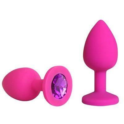 Силиконовая пробка с фиолетовым кристаллом от компании Vandersex, цвет розовый, 122-1PF, коллекция Anal Jewelry Plug, длина 6.8 см.