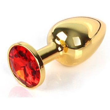 Металлическая анальная пробка с красным кристаллом от компании Vandersex, цвет золотой, 169-GRU, коллекция Anal Jewelry Plug, длина 7 см.