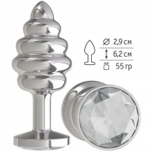 Металлическая пробка с ребрышками и прозрачным кристаллом от компании Джага-Джага, цвет серебристый, 515-01 white-DD, коллекция Anal Jewelry Plug, длина 7 см., со скидкой
