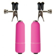 Клипсы на соски с вибрацией «Vibrating Nipple Clamps» из коллекции Ouch от ShotsMedia, цвет розовый, OU039PNK, бренд Shots Media, из материала металл, длина 9 см., со скидкой