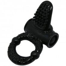 Черное эрекционное кольцо с вибрацией и щеточкой для клитора, Baile BI-014081-1, из материала TPE, цвет черный, длина 6 см.