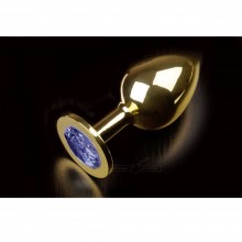 Большая металлическая анальная пробка с закругленным кончиком и синим кристаллом от компании Пикантные Штучки, цвет золотой, DPRLG252BLUE, длина 9 см., со скидкой