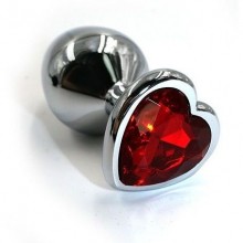 Алюминиевая анальная пробка с красным кристаллом-сердцем от компании Kanikule, цвет серебристый, KL-AL042S, коллекция Anal Jewelry Plug, длина 6 см.