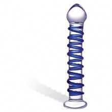 Стеклянный фаллоимитатор «Blue Spiral» с голубой внешней спиралью от компании Glas, цвет прозрачный, GLAS-75, из материала стекло, длина 18.5 см., со скидкой