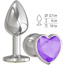Металлическая анальная втулка с фиолетовым кристаллом-сердцем от компании Джага-Джага, цвет серебристый, 514-08 purple-DD, длина 7 см., со скидкой