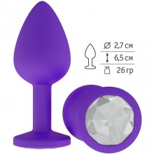 Силиконовая анальная пробка с прозрачным кристаллом от компании Джага-Джага, цвет фиолетовый, 519-01 WHITE-DD, коллекция Anal Jewelry Plug, длина 7.3 см., со скидкой