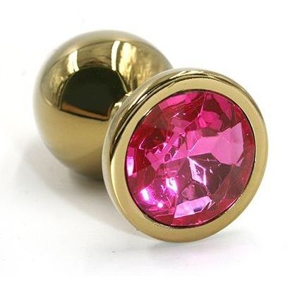 Металлическая анальная пробка с ярко-розовым кристаллом от компании Kanikule, цвет золотой, KL-AL002SG, коллекция Anal Jewelry Plug, длина 6 см., со скидкой