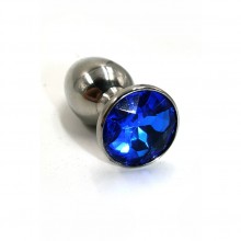 Анальная пробка из металла с ярко-синим кристаллом от компании Kanikule, цвет серебристый, KL-AL057S, коллекция Anal Jewelry Plug, длина 7 см.