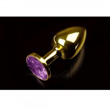 Маленькая металлическая анальная пробка с круглым кончиком и фиолетовым кристаллом от компании Пикантные Штучки, цвет золотой, DPRSG252PUR, длина 7 см., со скидкой