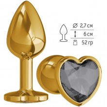 Металлическая анальная втулка с черным кристаллом-сердцем от компании Джага-Джага, цвет золотой, 511-09 black-DD, длина 7 см., со скидкой