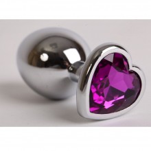 Металлическая анальная пробочка со стразом в виде фиолетового сердечка, цвет серебристый, Luxurious Tail 47143, длина 7.5 см., со скидкой
