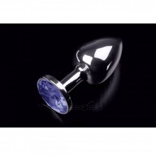 Маленькая металлическая анальная пробка с круглым кончиком и синим кристаллом, цвет серебристый, Пикантные Штучки DPRSS252BLUE, коллекция Anal Jewelry Plug, длина 7 см.