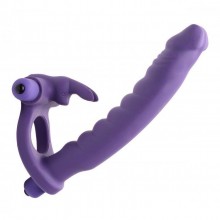 Силиконовый страпон «Double Delight Frisky» с вибрацией, цвет фиолетовый, XR Brands AD625, длина 19 см., со скидкой