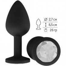 Силиконовая анальная втулка с прозрачным кристаллом, цвет черный, Джага-Джага 518-01 white-DD, коллекция Anal Jewelry Plug, длина 6.5 см., со скидкой