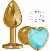 Металлическая анальная втулка с голубым кристаллом-сердцем, цвет золотой, Джага-Джага 511-05 aqua-DD, коллекция Anal Jewelry Plug, длина 6 см., со скидкой