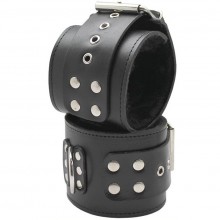 Широкие кожаные наручники на меху, Фетиш компани Подиум Р29, цвет черный, со скидкой